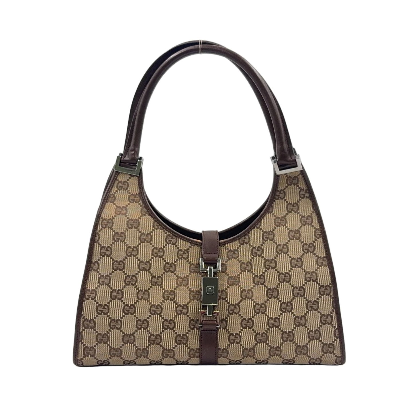 Gucci Jackie Leather Canvas Brown Beige Handbag Silver