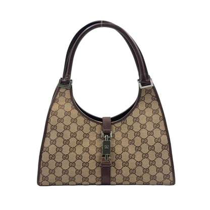 Gucci Jackie Leather Canvas Brown Beige Handbag Silver
