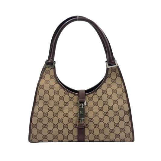 Gucci Jackie Leather Canvas Brown Beige Handbag Silver
