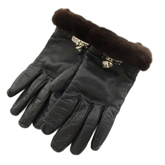Hermes Princess Kelly Gloves Cadena Lamb Leather Mink 6 Black Brown YT