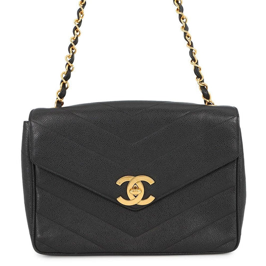 Chanel Chain Shoulder Bag Chevron Stitch Deca CC Logo Caviar Leather