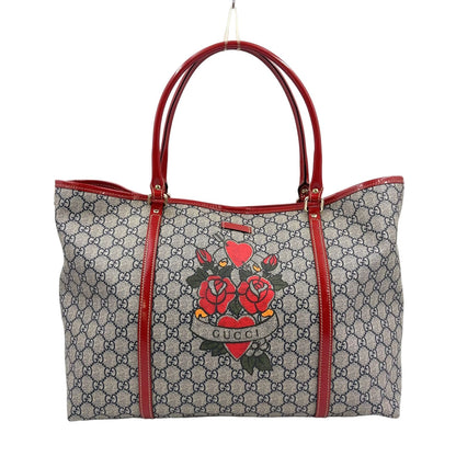 Gucci GG Supreme Enamel Leather Beige Red Tote Gold