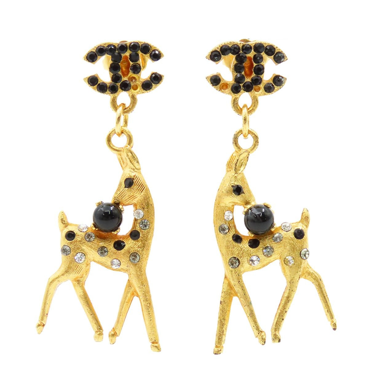 Chanel Earrings Gold Black Rhinestone CC Logo Bambi Animal