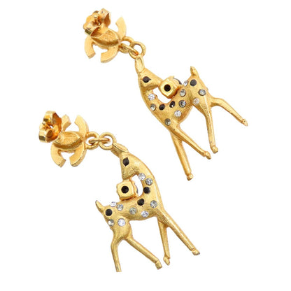 Chanel Earrings Gold Black Rhinestone CC Logo Bambi Animal — view 2