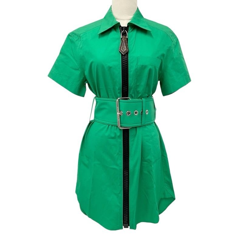 Louis Vuitton Dress Cotton Green Black Shirt Front Zip Short Sleeve Belt