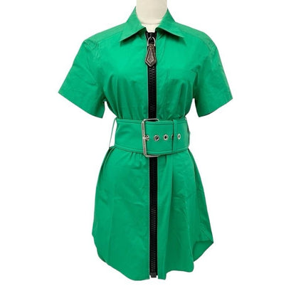 Louis Vuitton Dress Cotton Green Black Shirt Front Zip Short Sleeve Belt