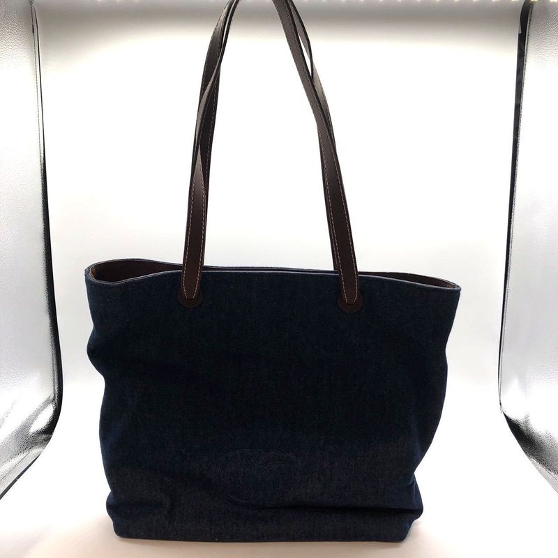 Chanel Tote Bag Denim Blue Coco Mark 5th Shoulder Bag Leather Brown Preowned