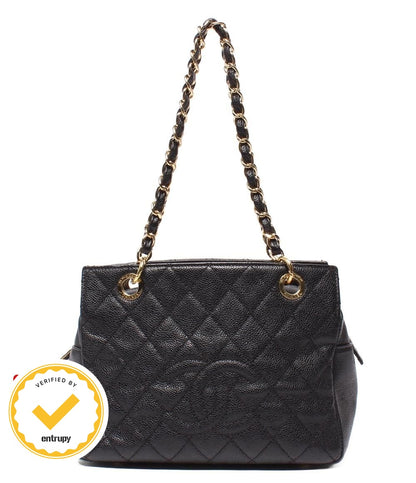 Chanel Chain Shoulder Bag Gold Quilted Caviar Leather Petit Timeless