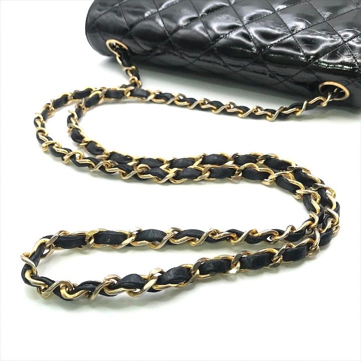 Chanel CC Logo Quilted Calf Enamel Full Flap Chain Shoulder Bag Black