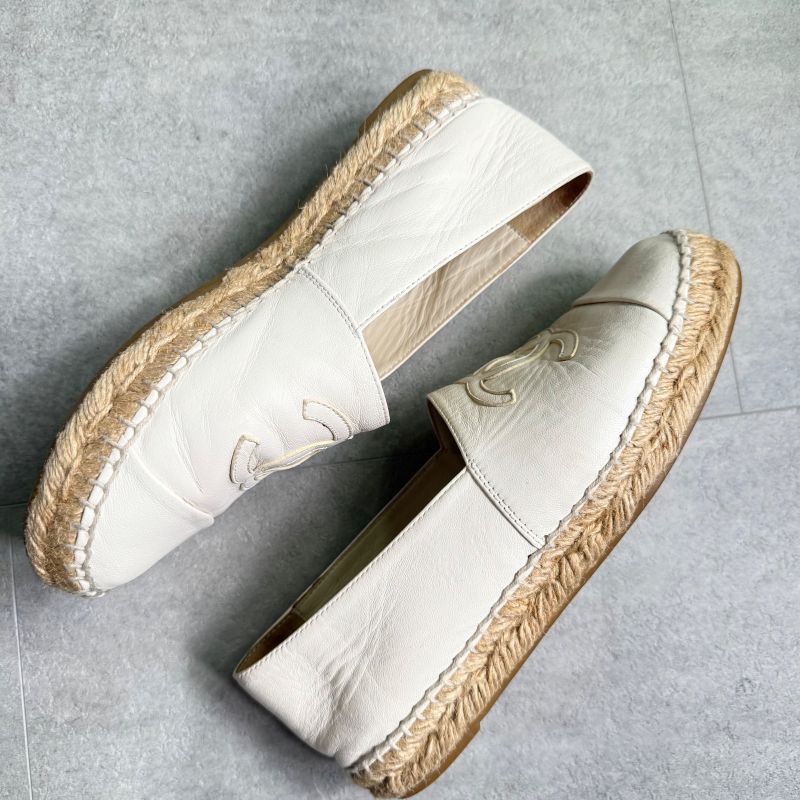 Chanel Espadrille Coco Mark Flat Shoes Leather White 37 24cm (9.45in) Women's