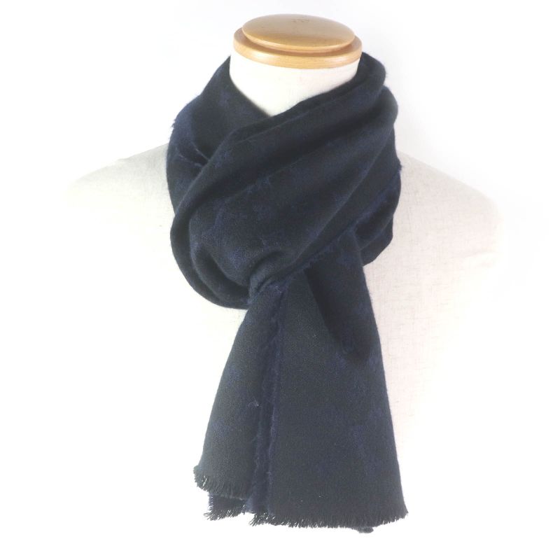 Louis Vuitton M71615 100% Cashmere Monogram Allover Fringe Scarf Black Navy