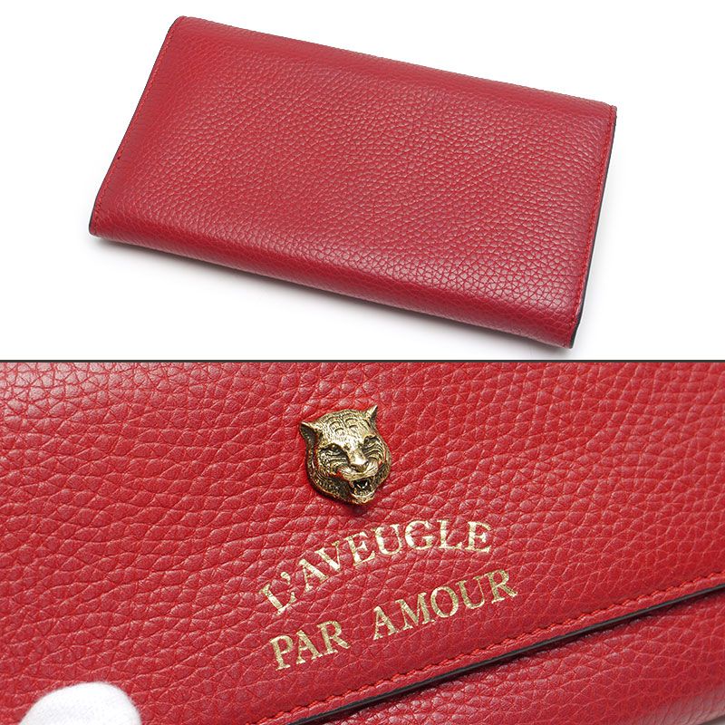 Gucci Animalier Continental Wallet 453164 Leather Red Women's Long Wallet