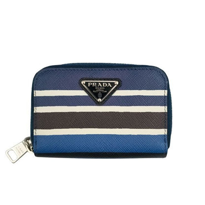 Prada Coin Case Triangle Logo 2 mm 003 Blue Black White Saffiano Baiade Zip