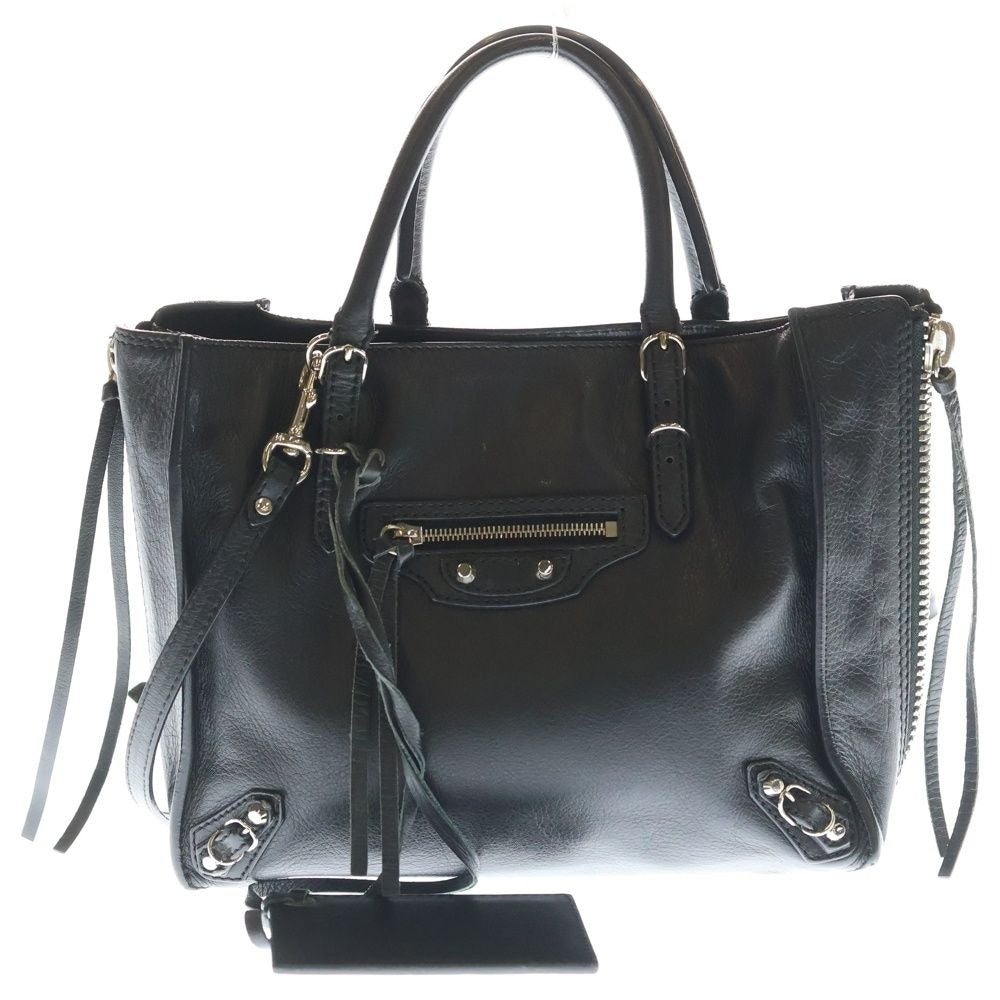 Balenciaga Paper Mini 2-Way Shoulder Bag Tote Black Leather Silver