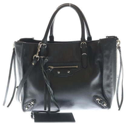 Balenciaga Paper Mini 2-Way Shoulder Bag Tote Black Leather Silver