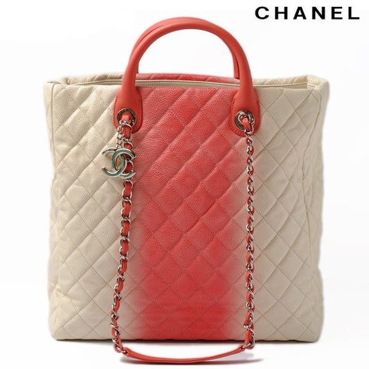 Chanel Tote Shoulder Bag Coral Pink Ivory Caviar Leather 2-Way