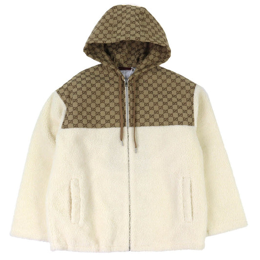 Gucci GG Intershafted Zip Up Wool Fleece Jacket Shearling Ivory