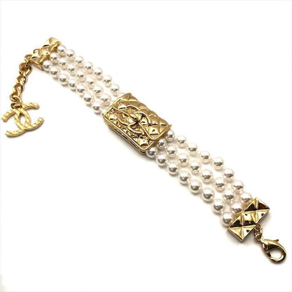 Chanel Bag Motif 3 Rows Pearl Gold Bracelet