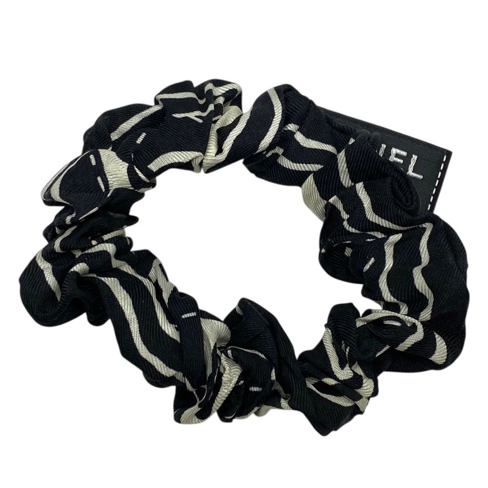 Chanel Scrunchie Hair Tie CC Logo Silk Black White
