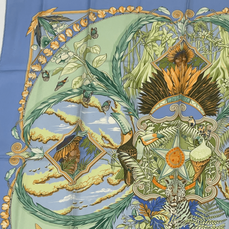 Hermes Scarf Carre 90 Amazonia 100% Silk Blue