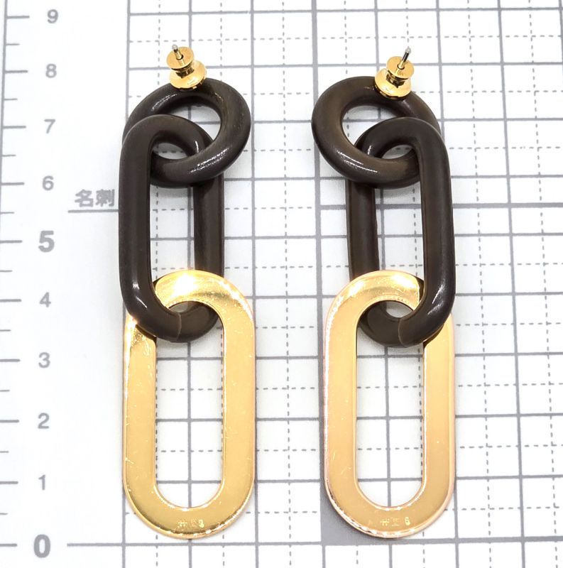 Hermes Buffalo Horn Metal Earrings Binaural Dark Brown Color Gold-tone Metal Box