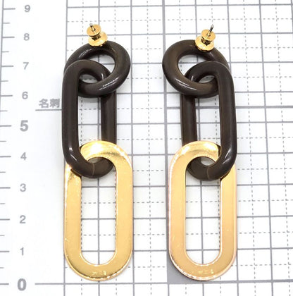 Hermes Buffalo Horn Metal Earrings Binaural Dark Brown Color Gold-tone Metal Box