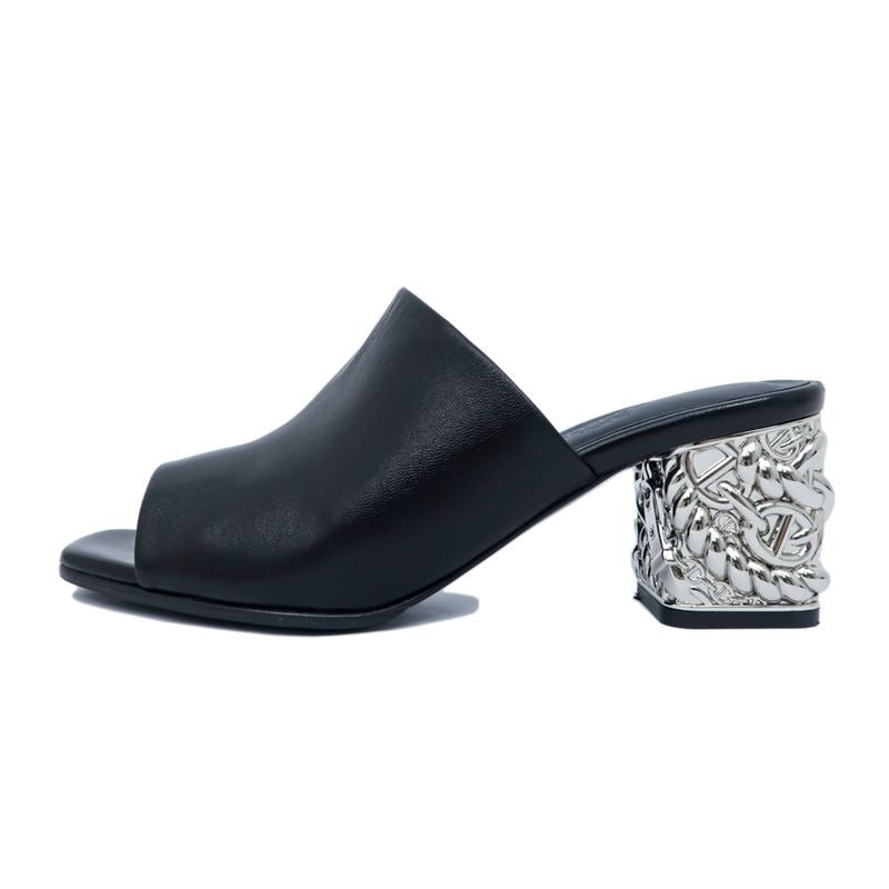 Hermes Sandals Glossy 60 BK Black Silver Size 38 Chaine D'ancre