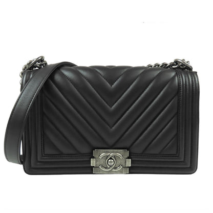 Chanel Boy Black Silver Lambskin Stitch Chain Shoulder Bag