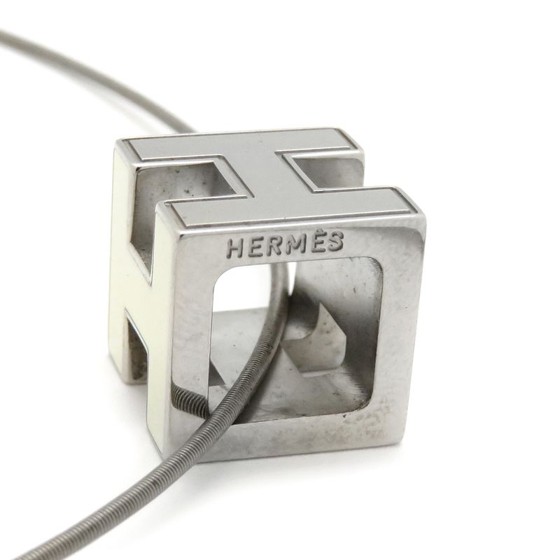 Hermes Necklace Caged Ash H Cube Metal Enamel White and Silver Hardware [box