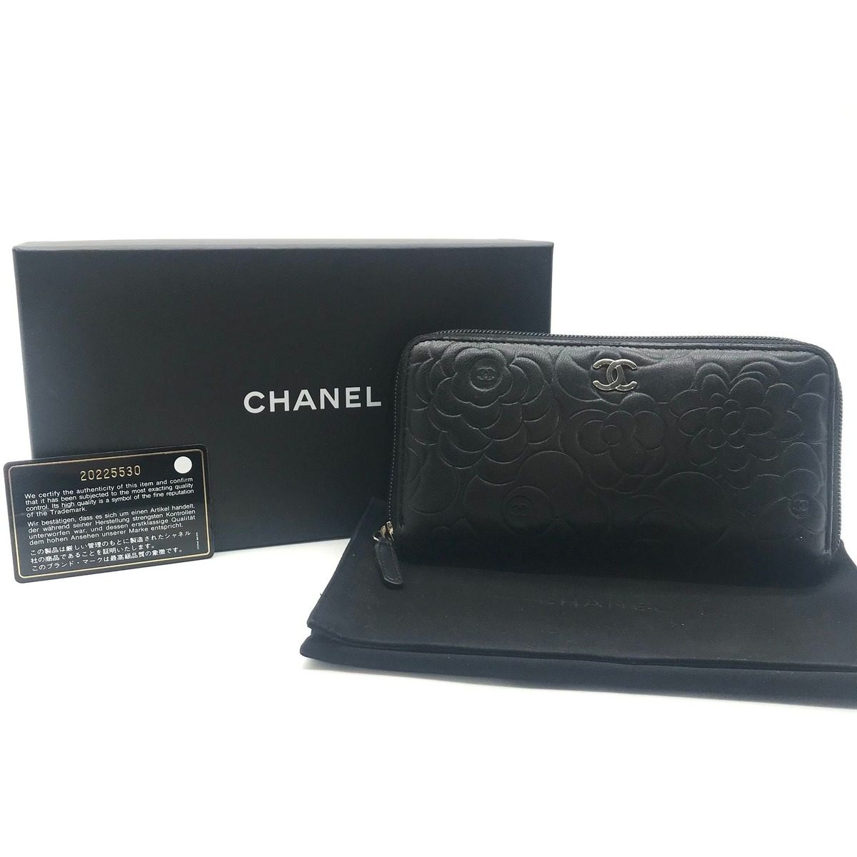 Chanel CC Logo Camellia Lambskin Zip Around Wallet Black