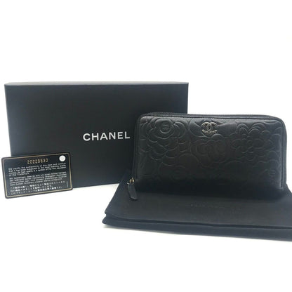 Chanel CC Logo Camellia Lambskin Zip Around Wallet Black