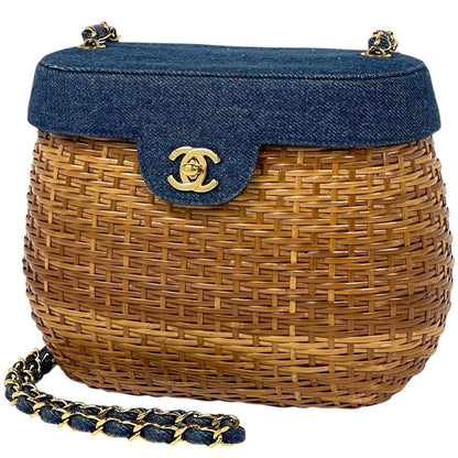 Chanel CC Logo Chain Shoulder Bag Basket Bag Rattan Brown Blue