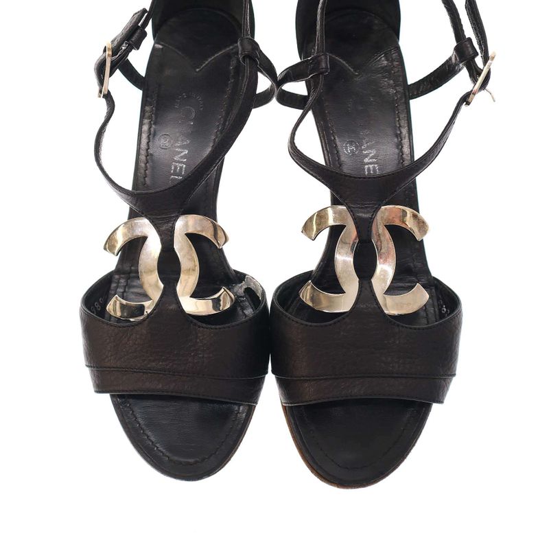 Chanel Coco Mark Wood Heel Sandals Black 36 1 2