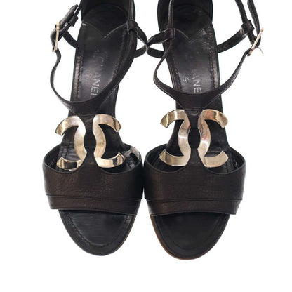 Chanel Coco Mark Wood Heel Sandals Black 36 1 2