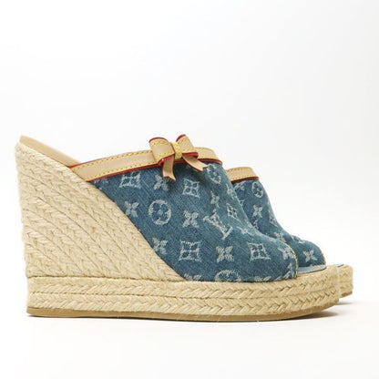 Louis Vuitton Monogram Denim Wedge Sole Sandals 36 Espadrilles Louis Vuitton