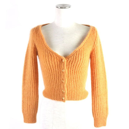 Celine 2021 2 A38 T377 N Mohair Silk Cropped Knit Cardigan Orange XS