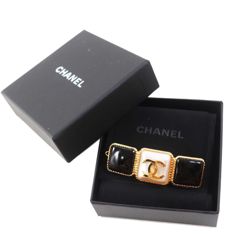 CHANEL B20K Coco Mark Hair Accessory Barrette Black Gold With Box Made In Italy