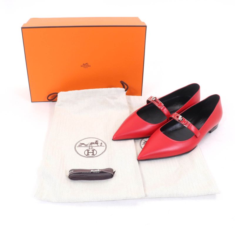 Hermes 25SS 251001z Ballet Shoes Kelly Rouge Vif Kelly Pointed Toe Leather Flat