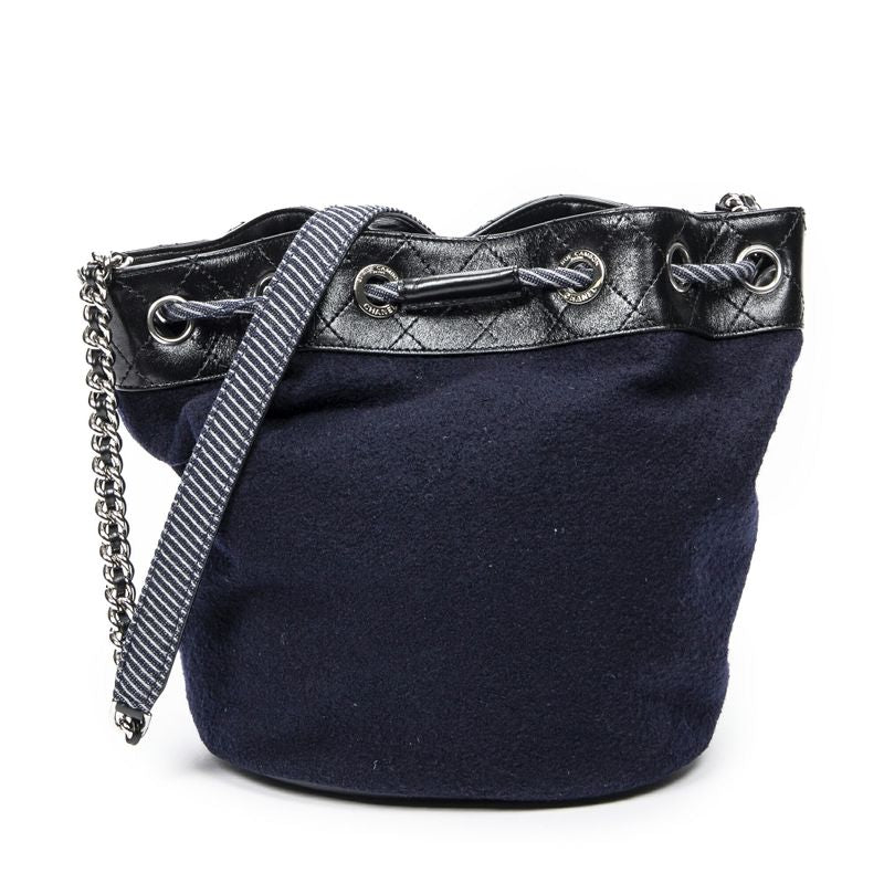 Chanel Embroidered Wool Bucket Chain Bag Navy Black Matelasse Lambskin Leather A