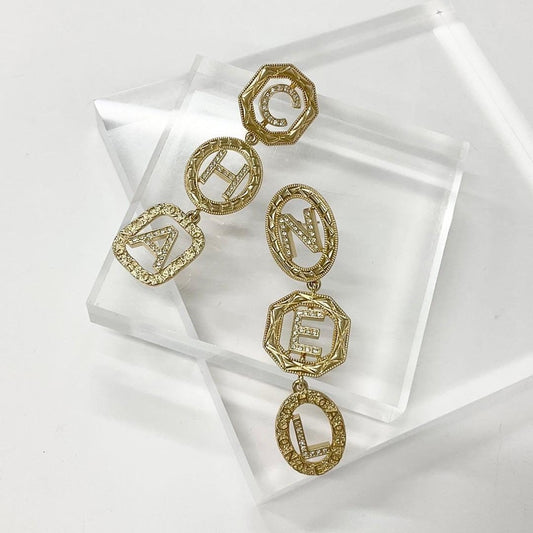 Chanel Earrings CC Logo Line Stone Gold