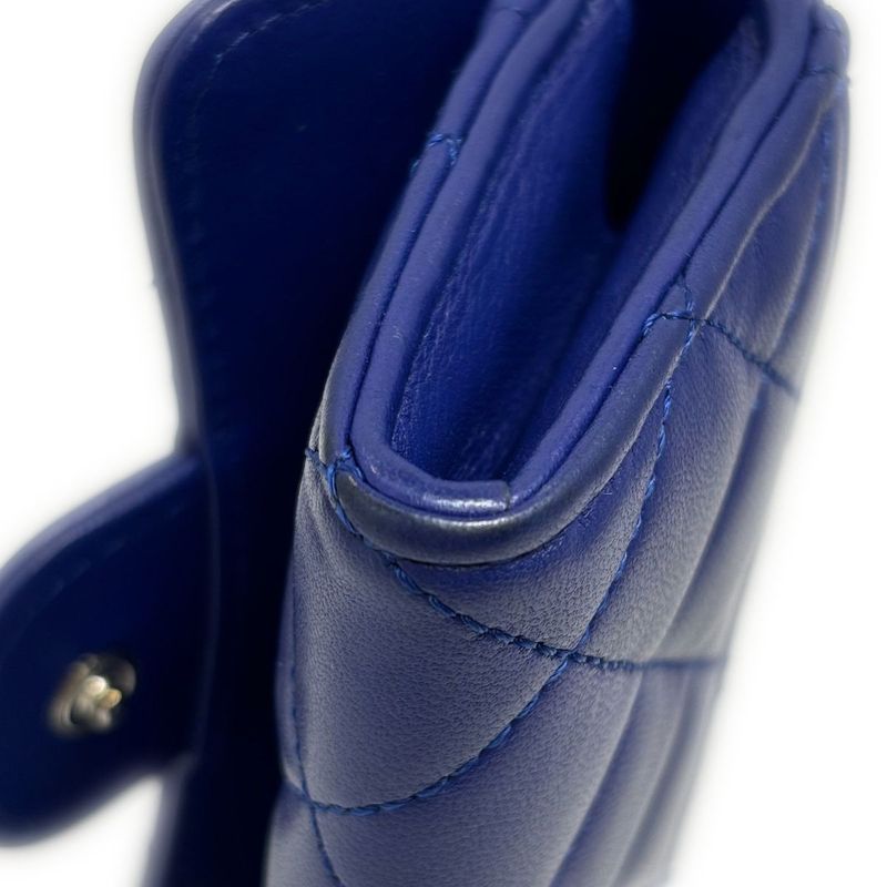 Chanel Card Case Business Holder Quilted CC Logo Lambskin Blue Silver
