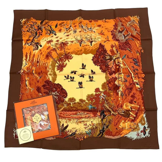 Hermes Scarf 100% Silk Carre 90 Africa Brown Box