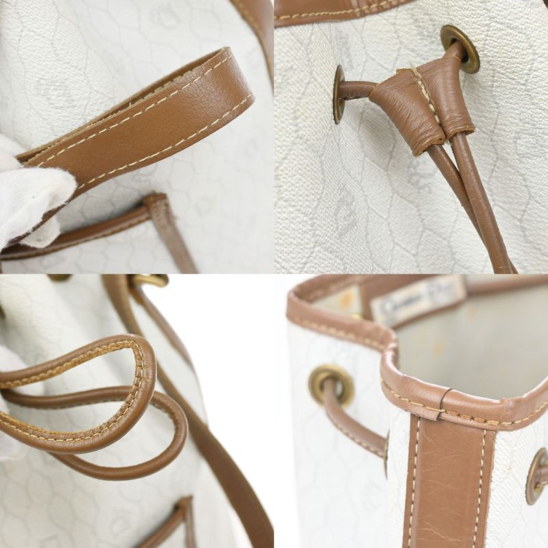 Christian DIOR Shoulder Bag Macadam Drawstring White Brown Leather Vintage