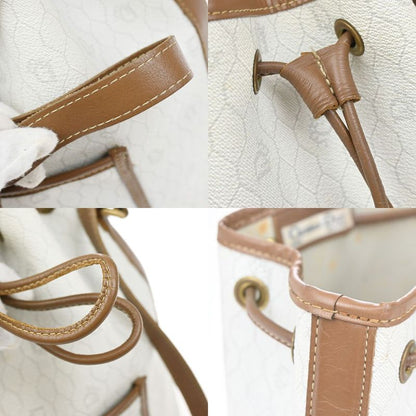 Christian DIOR Shoulder Bag Macadam Drawstring White Brown Leather Vintage