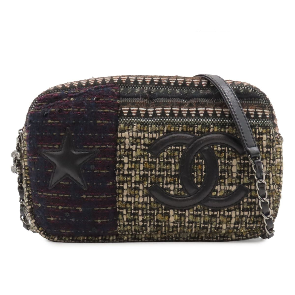 Chanel Chain Shoulder Bag Star CC Logo Brown Black Multicolor Silver Tweed