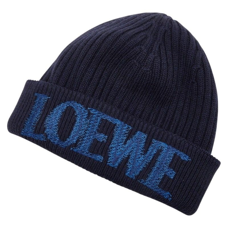 Loewe Logo Knit Cap Beanie Navy Blue Wool Hat