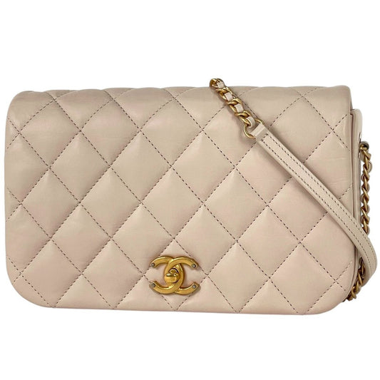 Chanel CC Logo Chain Shoulder Bag Quilted Leather Beige