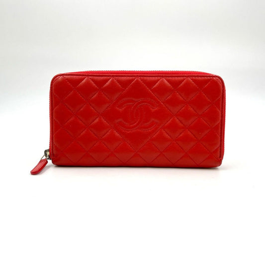 Chanel CC Logo Quilted Zip Around Lambskin Red Wallet Silver