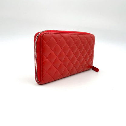Chanel CC Logo Quilted Zip Around Lambskin Red Wallet Silver — view 2
