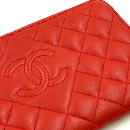 Chanel CC Logo Quilted Zip Around Lambskin Red Wallet Silver — view 5